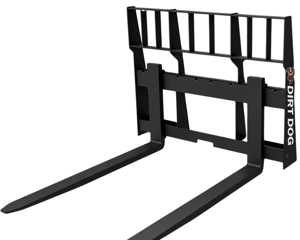 Dirt Dog Manufacturing black pallet fork skid steer and tractor attachment.